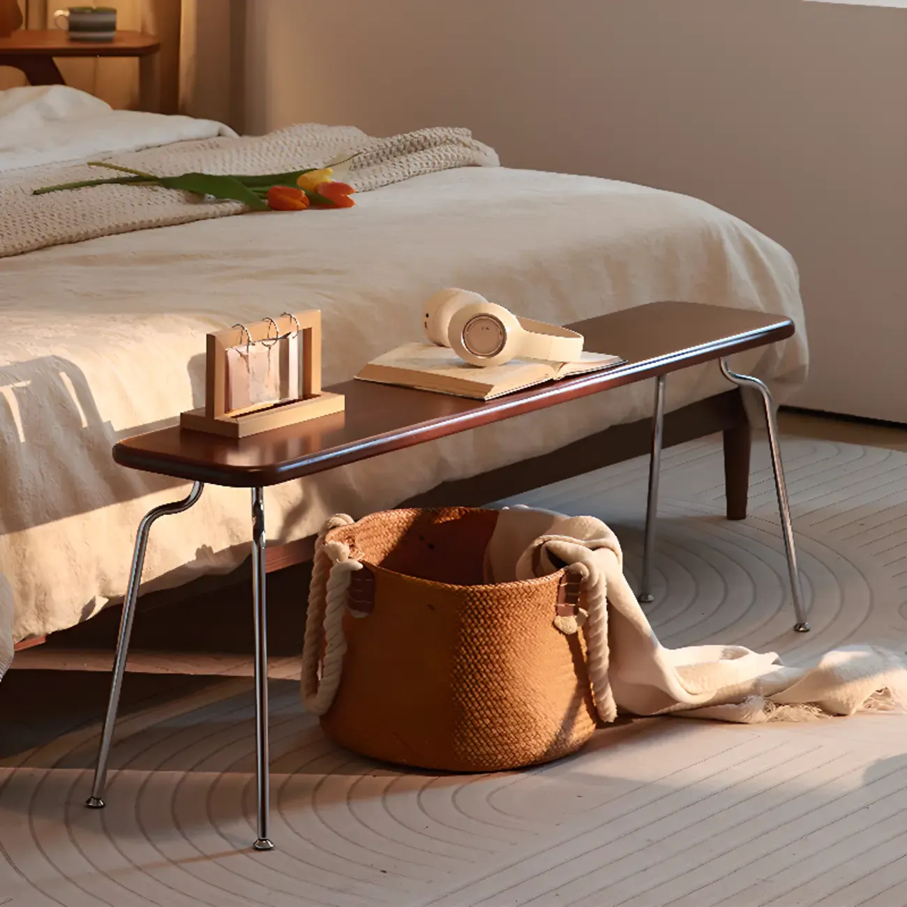 Modern Wood Bedroom Bench with Metal Frame Image - 1