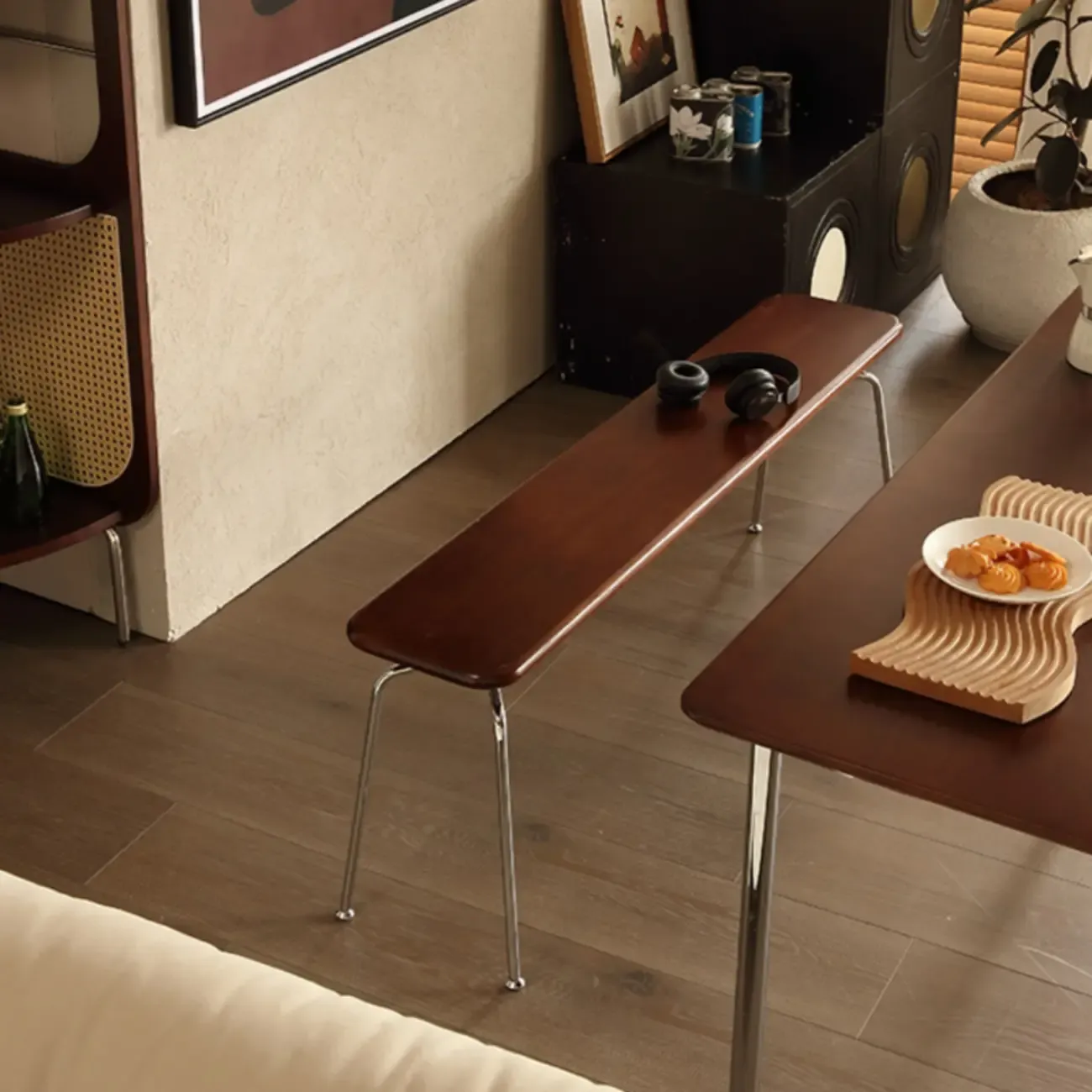 Modern Wood Bedroom Bench with Metal Frame Image - 5