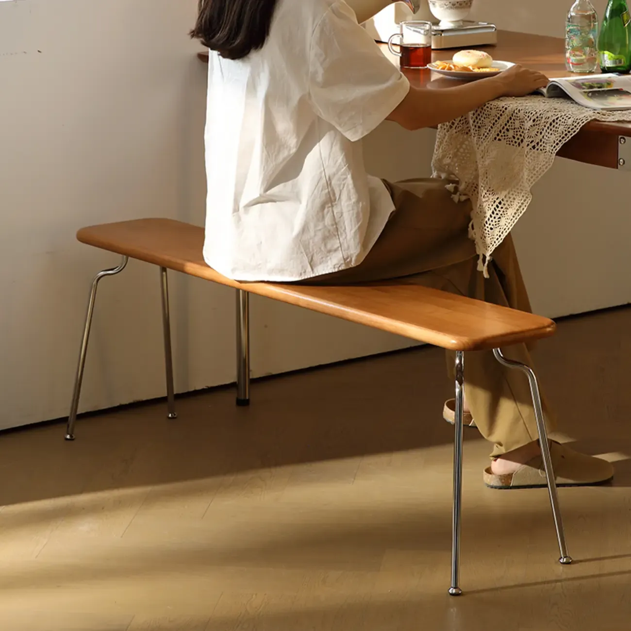 Modern Wood Bedroom Bench with Metal Frame Image - 6