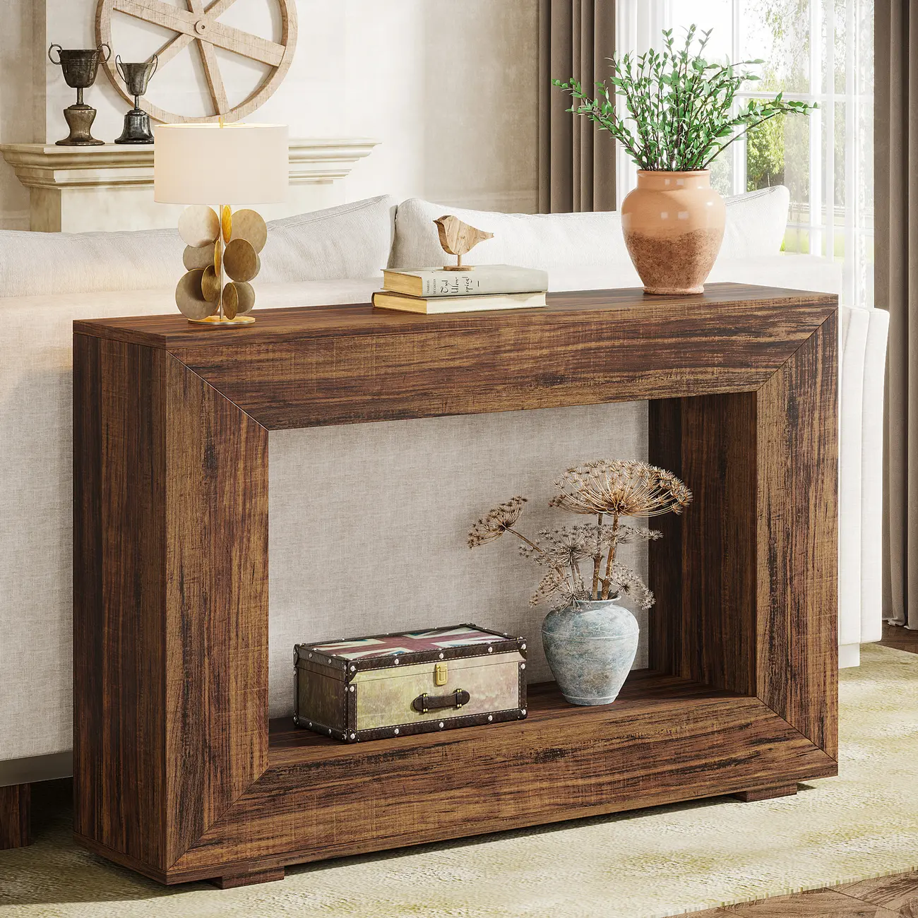 Vintage Wood Console Table Rectangular with Shelf Image - 1 | homeyfad