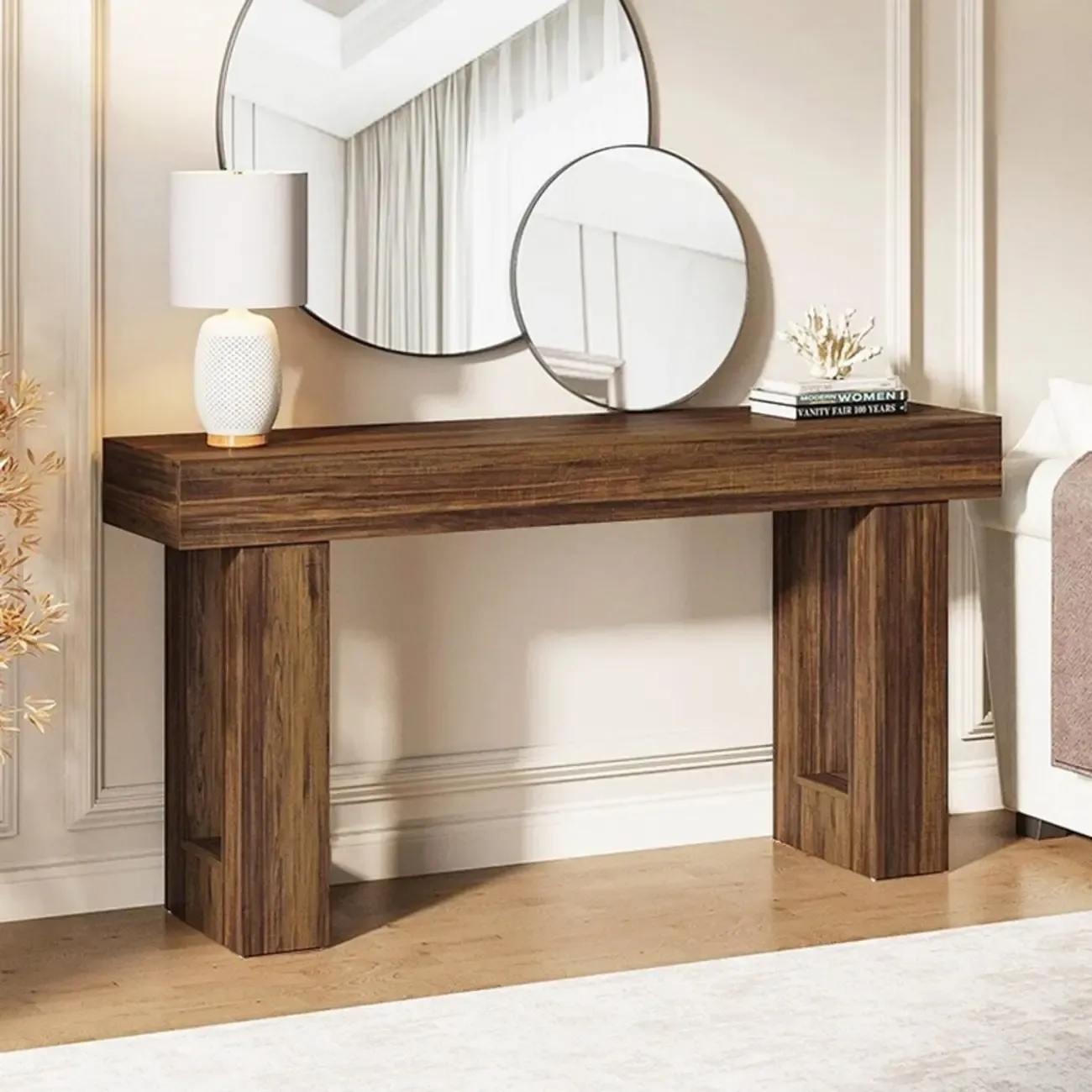 Rustic Walnut Rectangular Console Table with Open Storage Image - 2