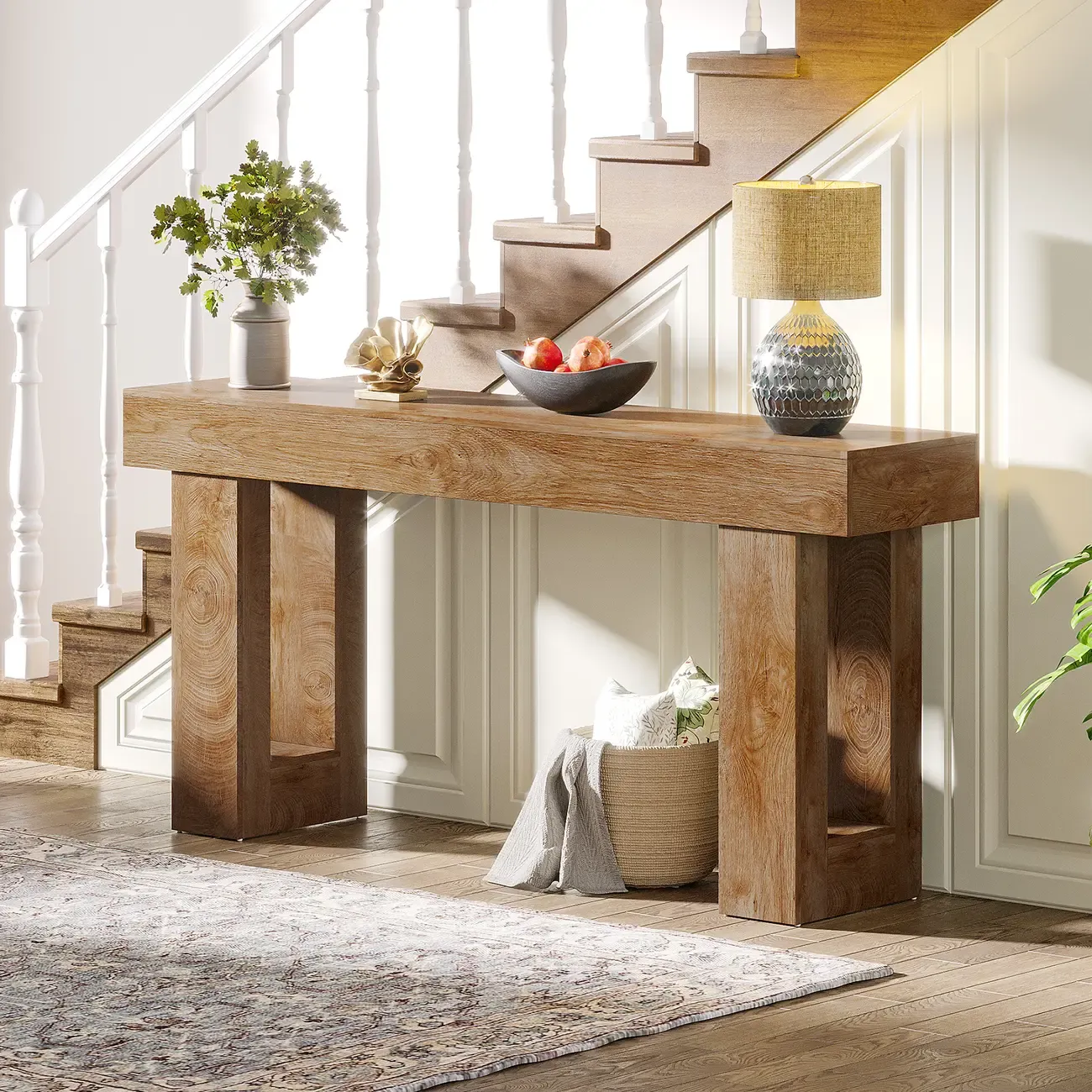 Rustic Walnut Rectangular Console Table with Open Storage Image - 8
