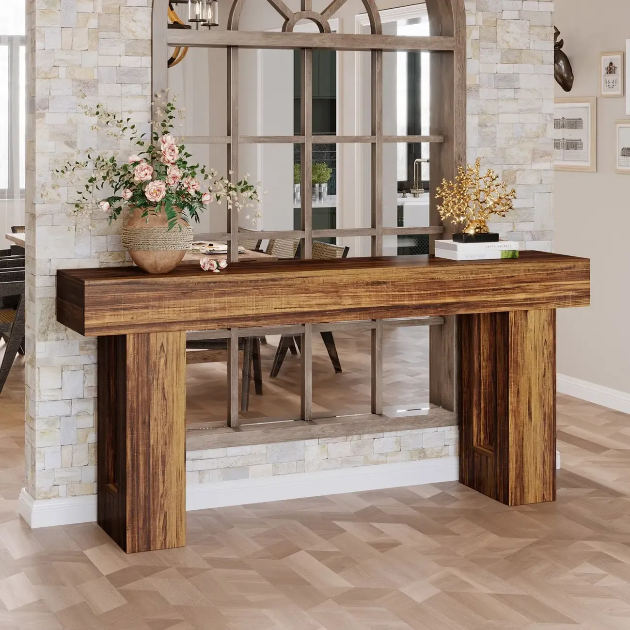 Rustic Walnut Rectangular Console Table with Open Storage Image - 9
