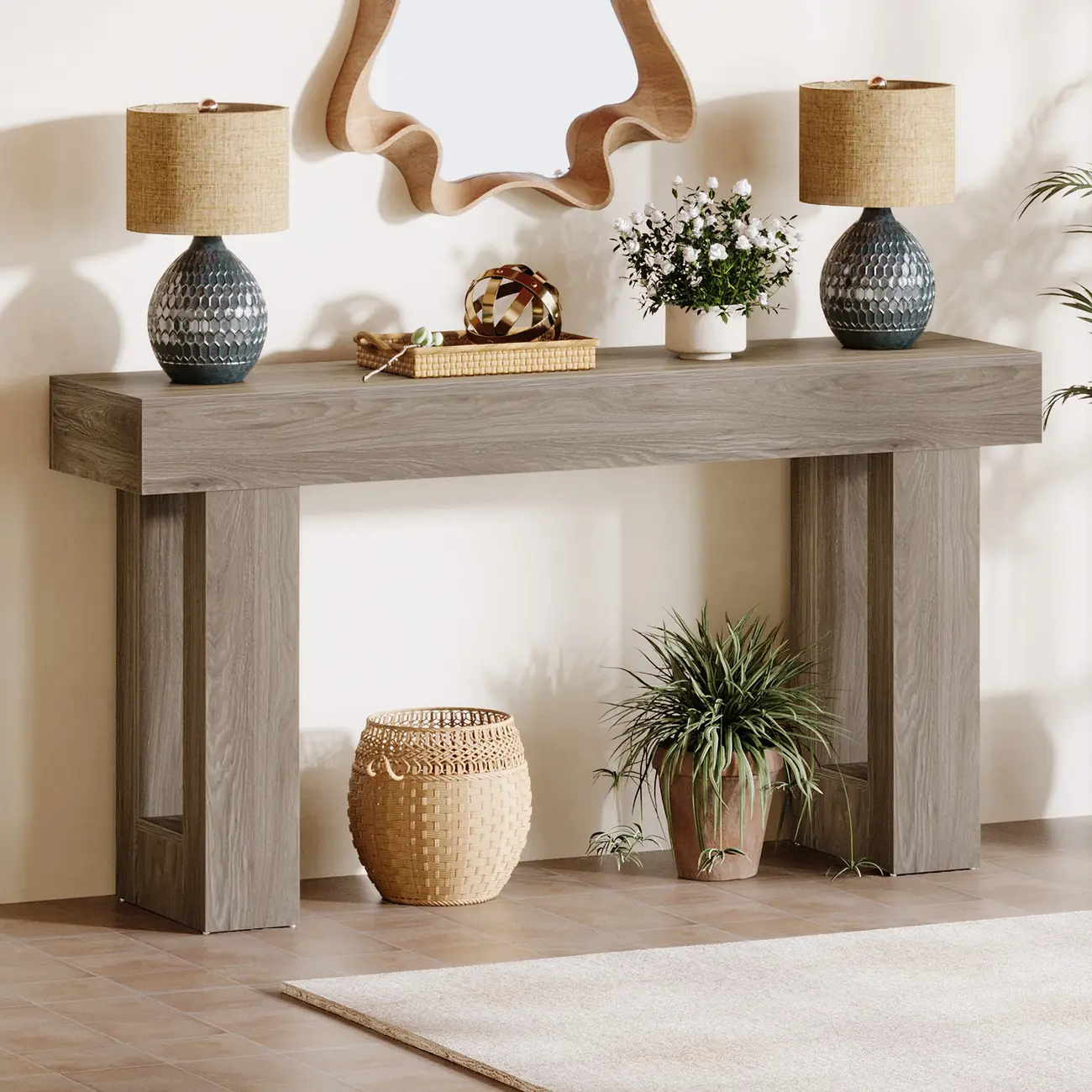 Rustic Walnut Rectangular Console Table with Open Storage Image - 11 | homeyfad