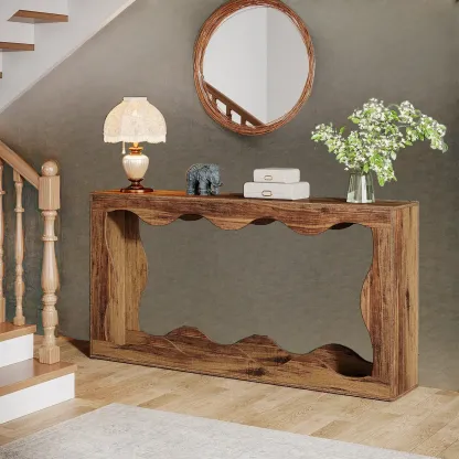 Rustic Walnut Rectangular Console Table with Open Storage Image - 3