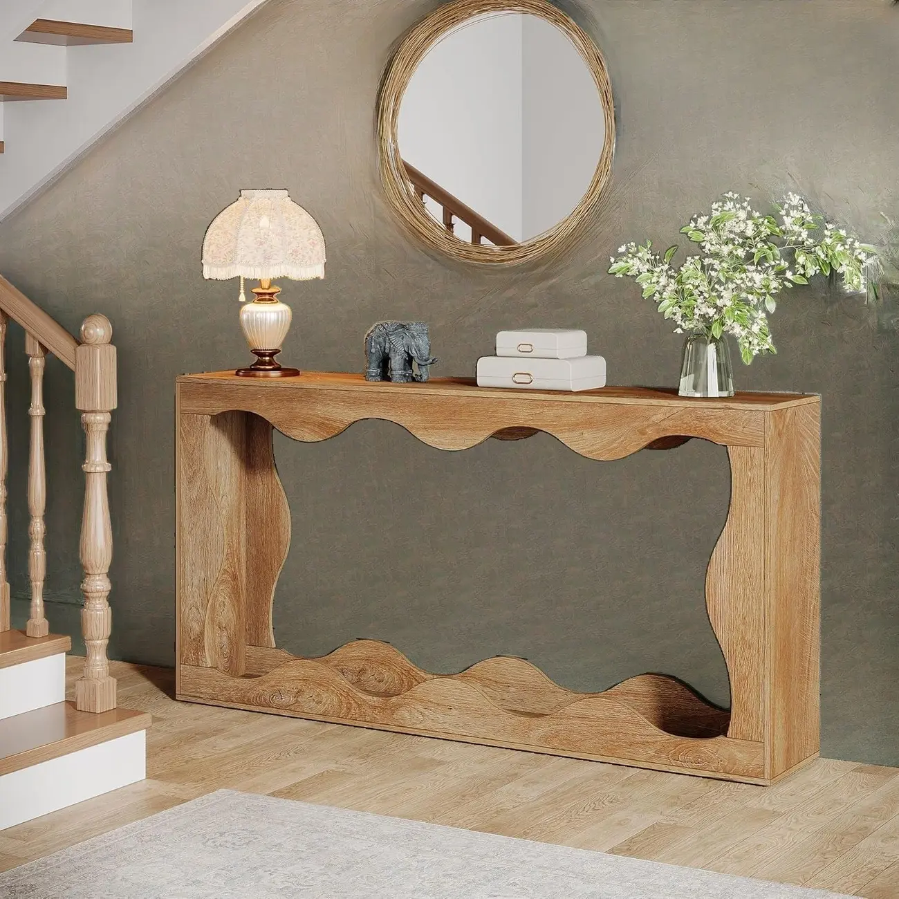 Rustic Walnut Rectangular Console Table with Open Storage Image - 7 | homeyfad