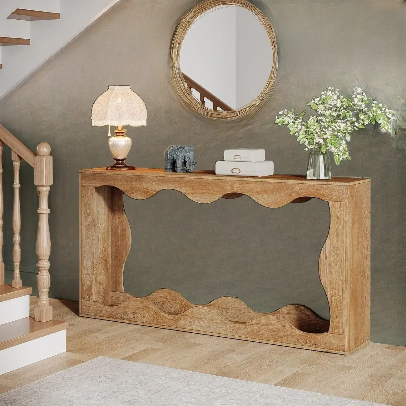 Rustic Walnut Rectangular Console Table with Open Storage Image - 7