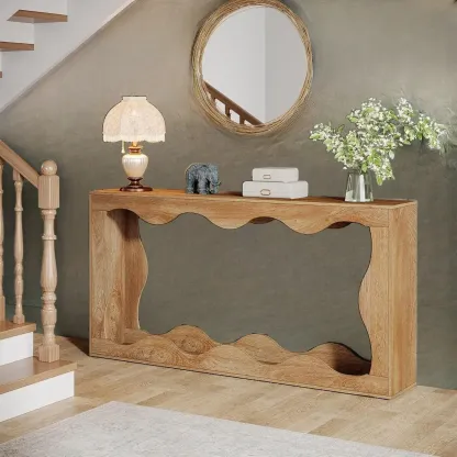 Rustic Walnut Rectangular Console Table with Open Storage Image - 7