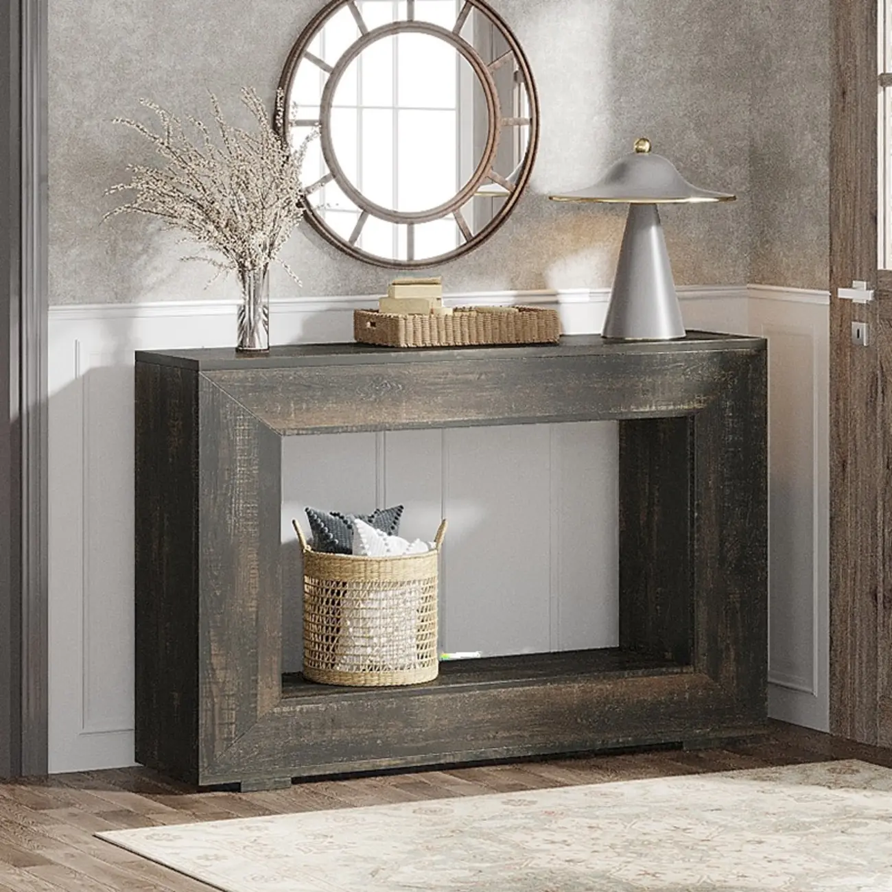 Rustic Walnut Rectangular Console Table with Open Storage Image - 6 | homeyfad