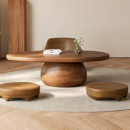 Minimalist Living Room Ovel Wood Coffee Table Drum Base Image - 1