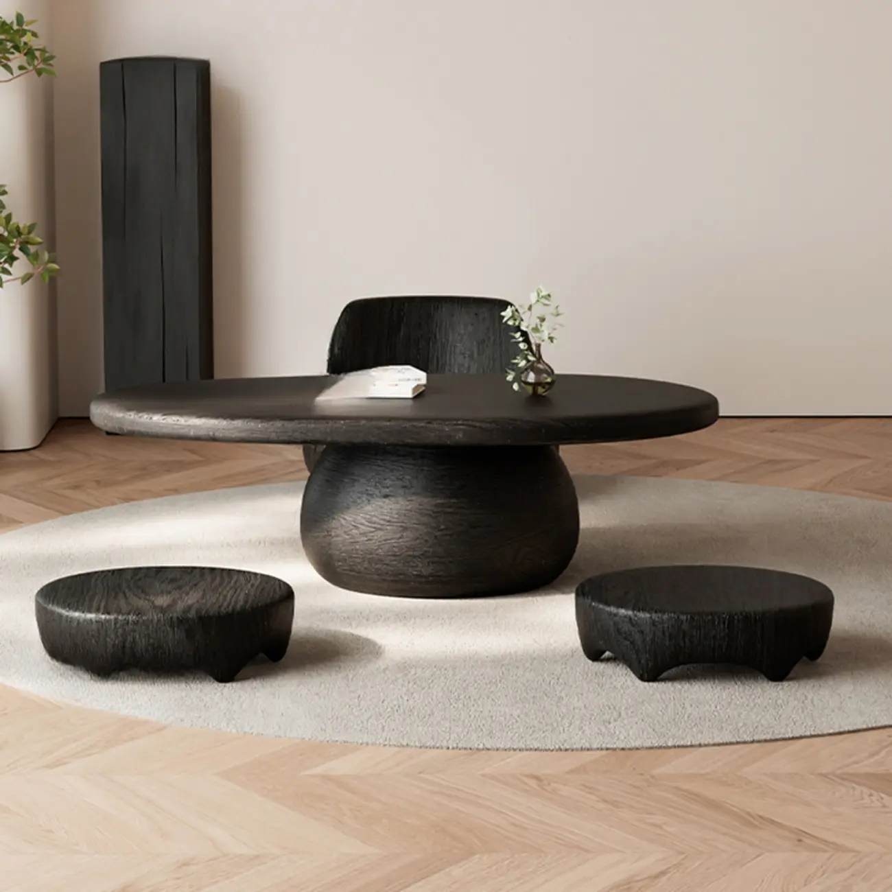 Minimalist Living Room Ovel Wood Coffee Table Drum Base Image - 5 | homeyfad