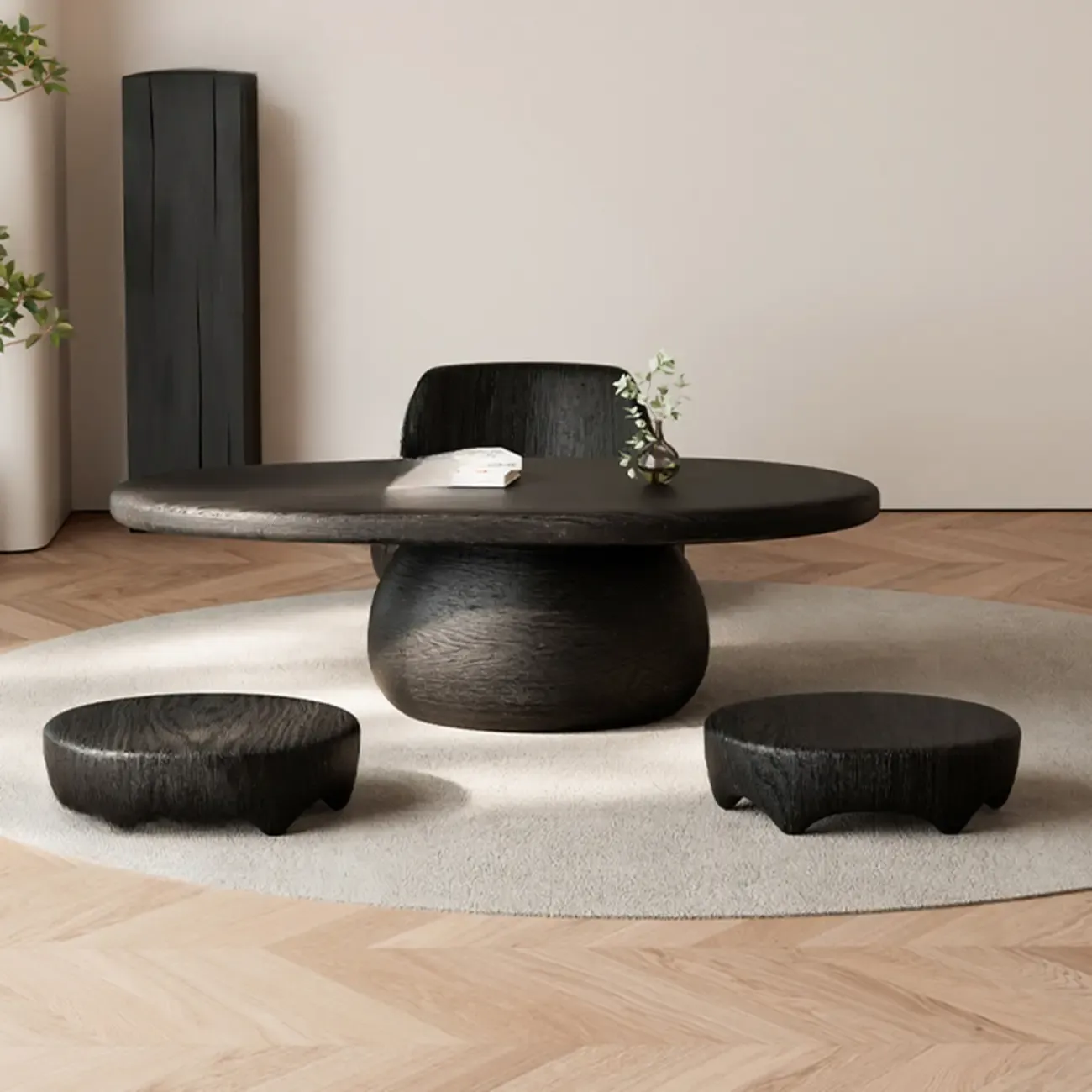 Minimalist Living Room Ovel Wood Coffee Table Drum Base Image - 5