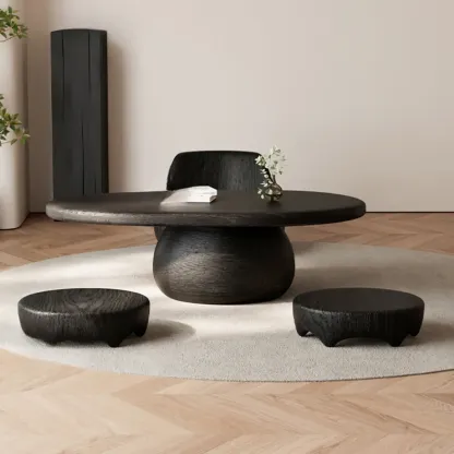 Minimalist Living Room Ovel Wood Coffee Table Drum Base Image - 5
