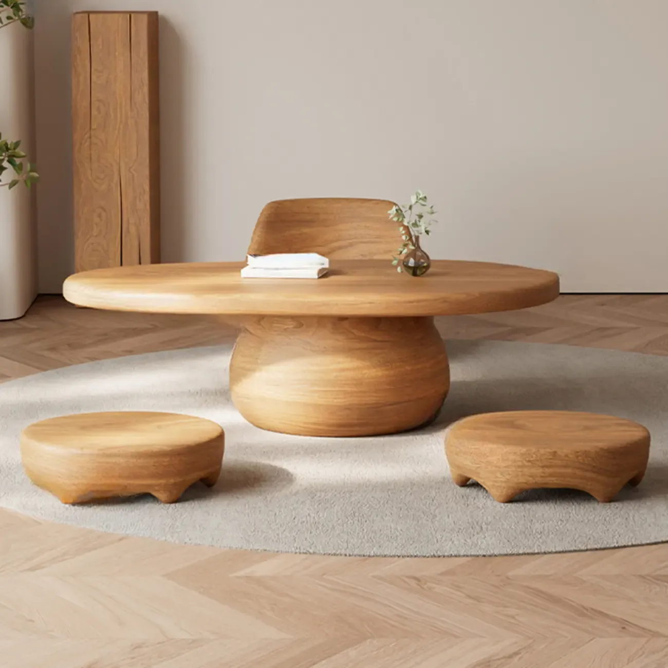 Minimalist Living Room Ovel Wood Coffee Table Drum Base Image - 2