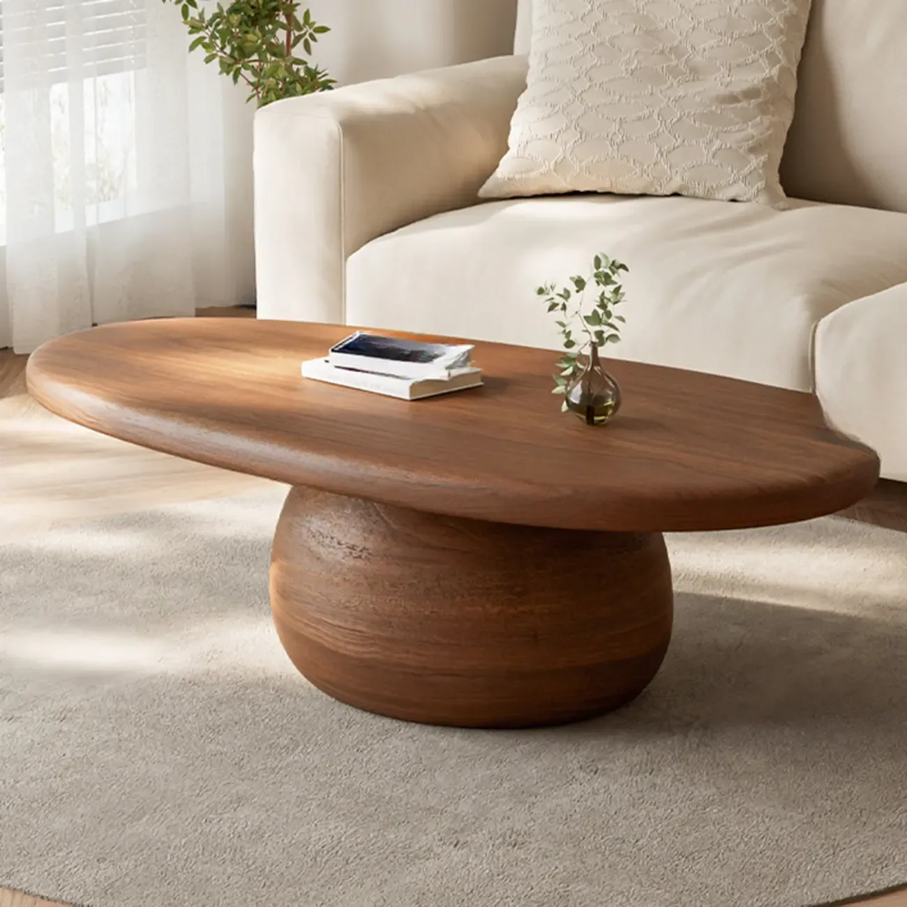 Minimalist Living Room Ovel Wood Coffee Table Drum Base Image - 7