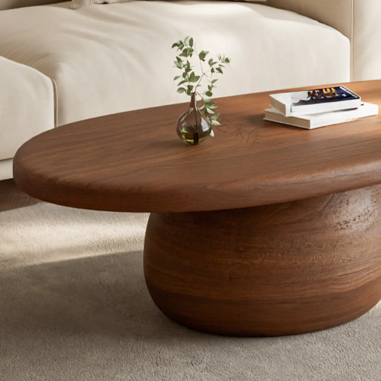 Minimalist Living Room Ovel Wood Coffee Table Drum Base Image - 8 | homeyfad