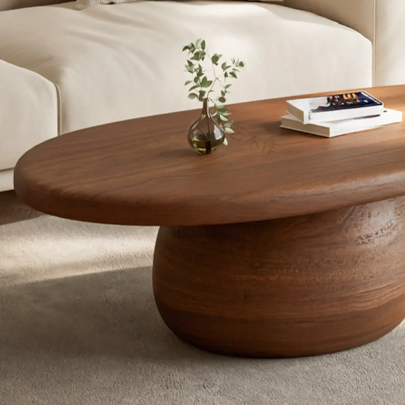 Minimalist Living Room Ovel Wood Coffee Table Drum Base Image - 8