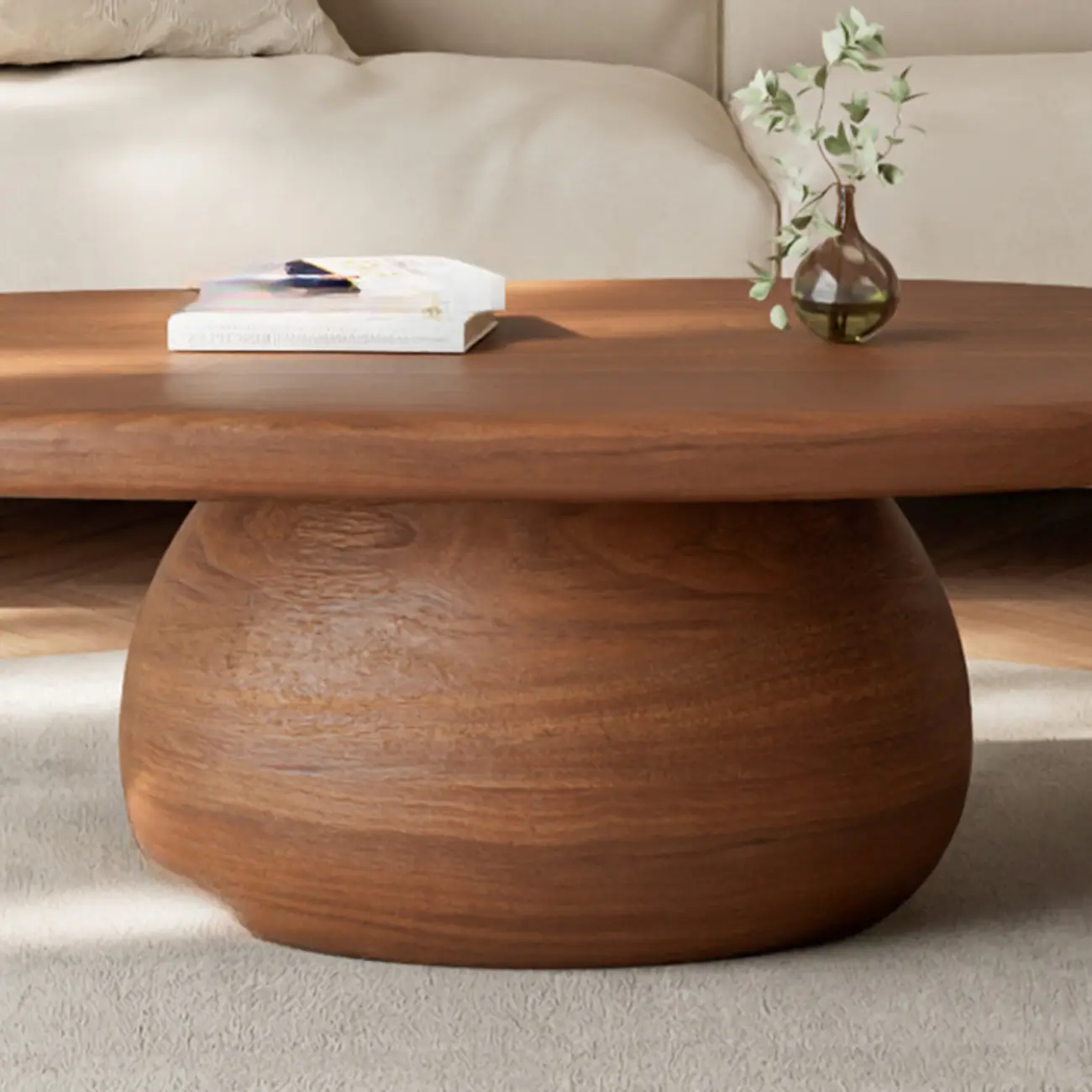 Minimalist Living Room Ovel Wood Coffee Table Drum Base Image - 9 | homeyfad