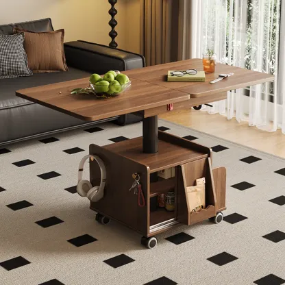 Nut Brown Lift Top Modern Wagon Wheel Wood Coffee Table Image - 1