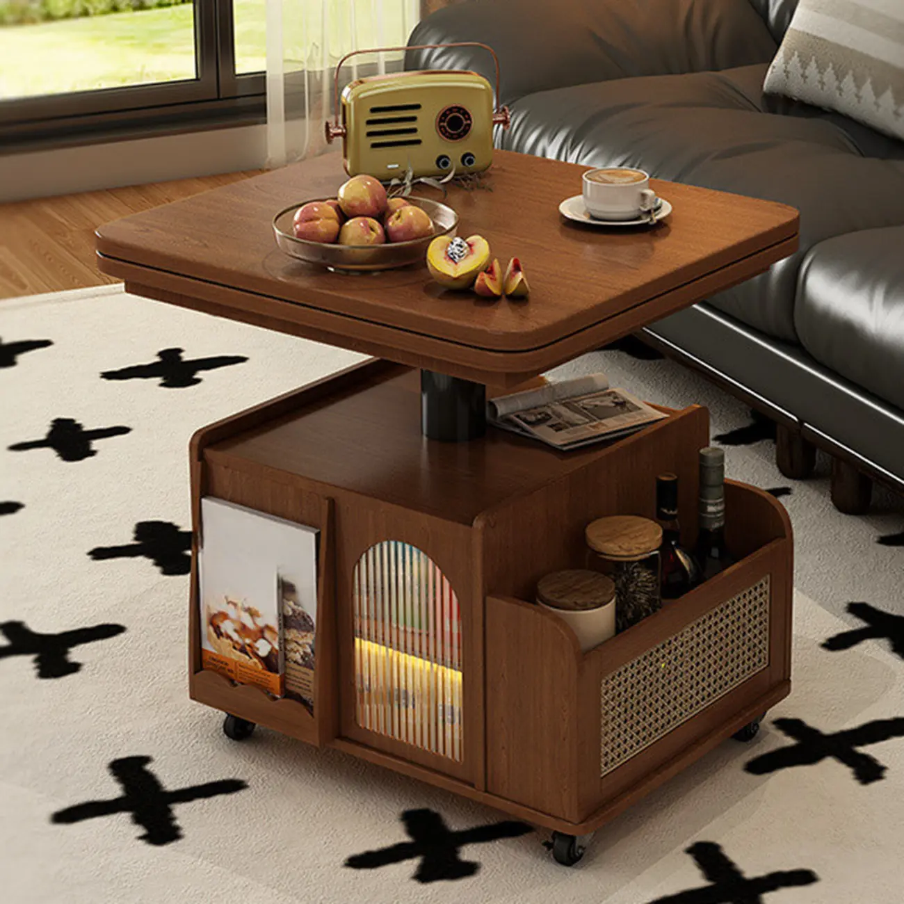 Nut Brown Lift Top Modern Wagon Wheel Wood Coffee Table Image - 2 | homeyfad