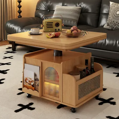 Nut Brown Lift Top Modern Wagon Wheel Wood Coffee Table Image - 3