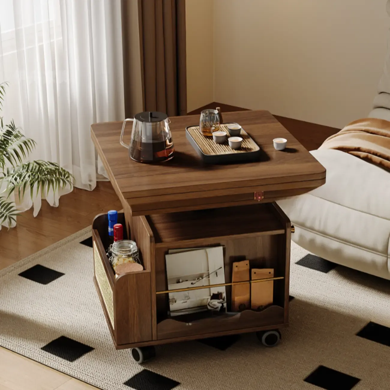 Nut Brown Lift Top Modern Wagon Wheel Wood Coffee Table Image - 4