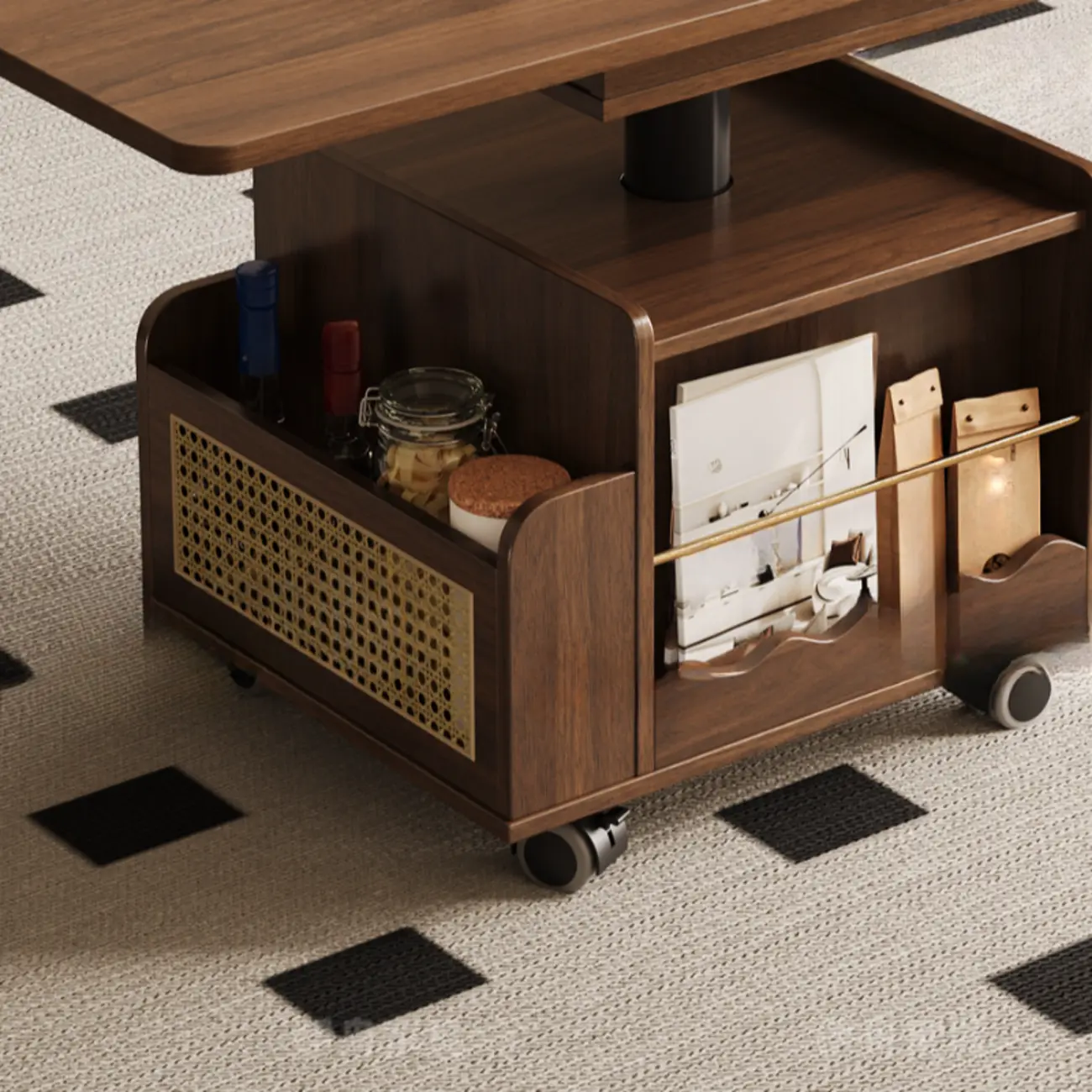 Nut Brown Lift Top Modern Wagon Wheel Wood Coffee Table Image - 6 | homeyfad