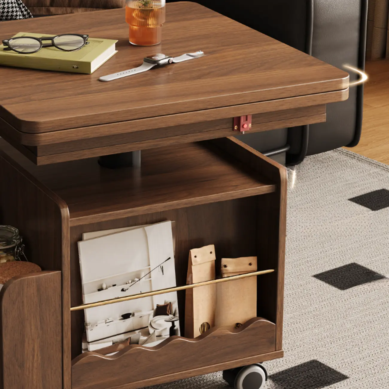 Nut Brown Lift Top Modern Wagon Wheel Wood Coffee Table Image - 7 | homeyfad