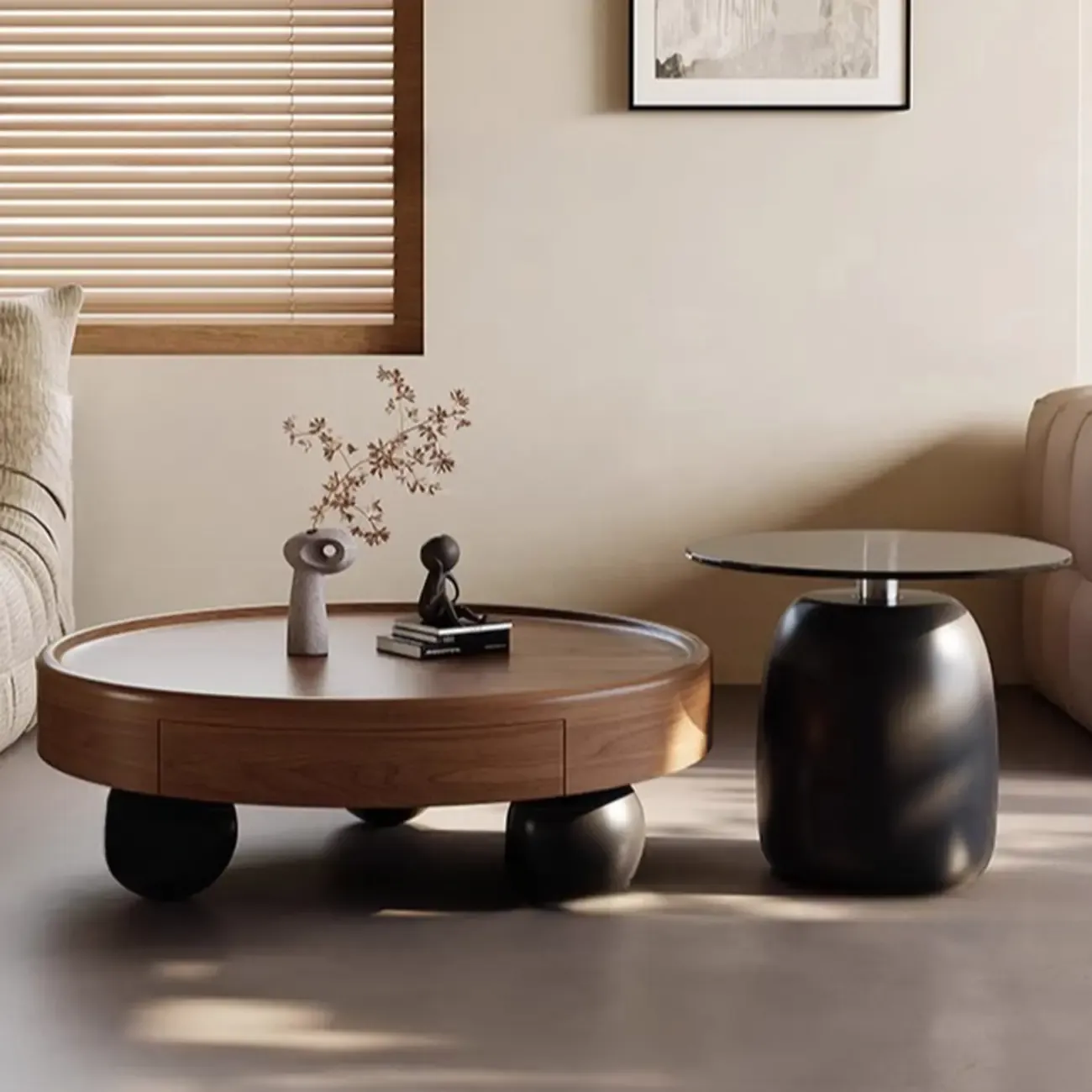 Nesting Elegant Modern Wood Round Coffee Table Set Image - 1