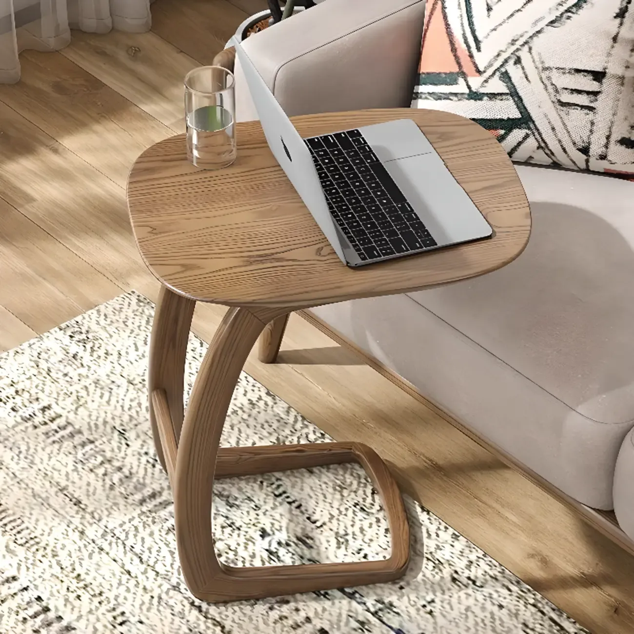 Minimalist C Shaped Natural Wood Living Room Side Table Image - 1