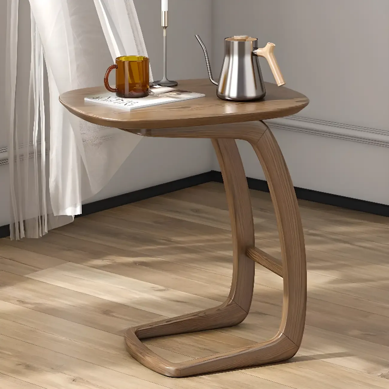 Minimalist C Shaped Natural Wood Living Room Side Table Image - 2