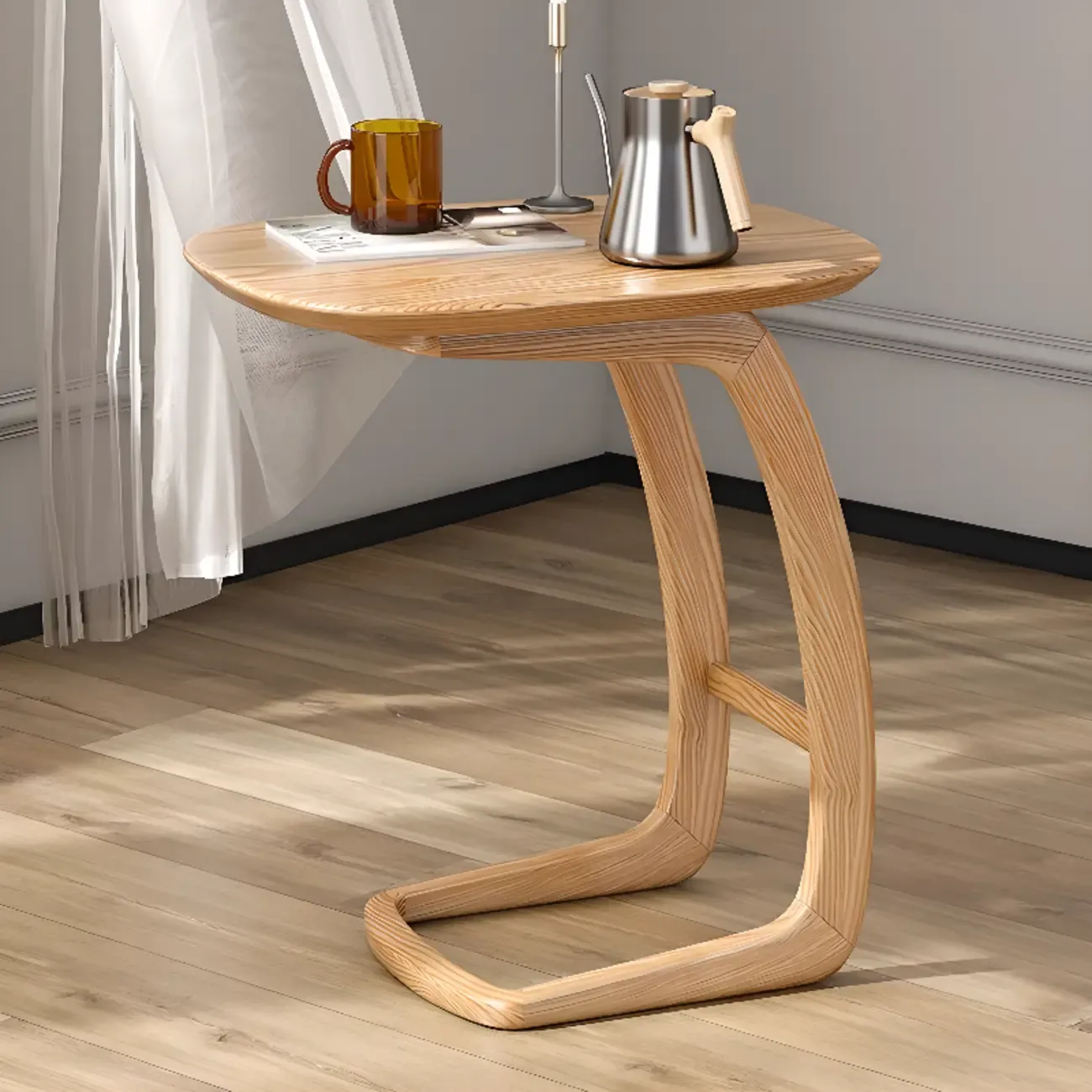 Minimalist C Shaped Natural Wood Living Room Side Table Image - 3