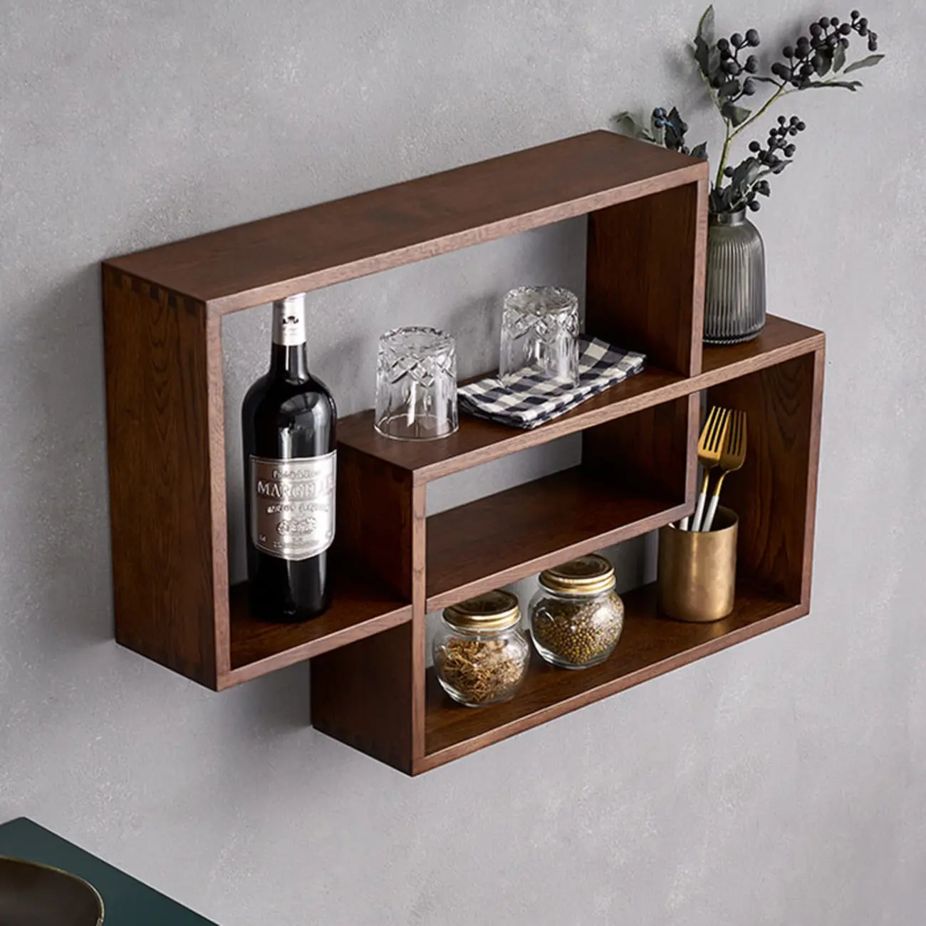 Walnut Modern Wood Floating Mount Wine Rack Display Shelf Image - 1 | homeyfad