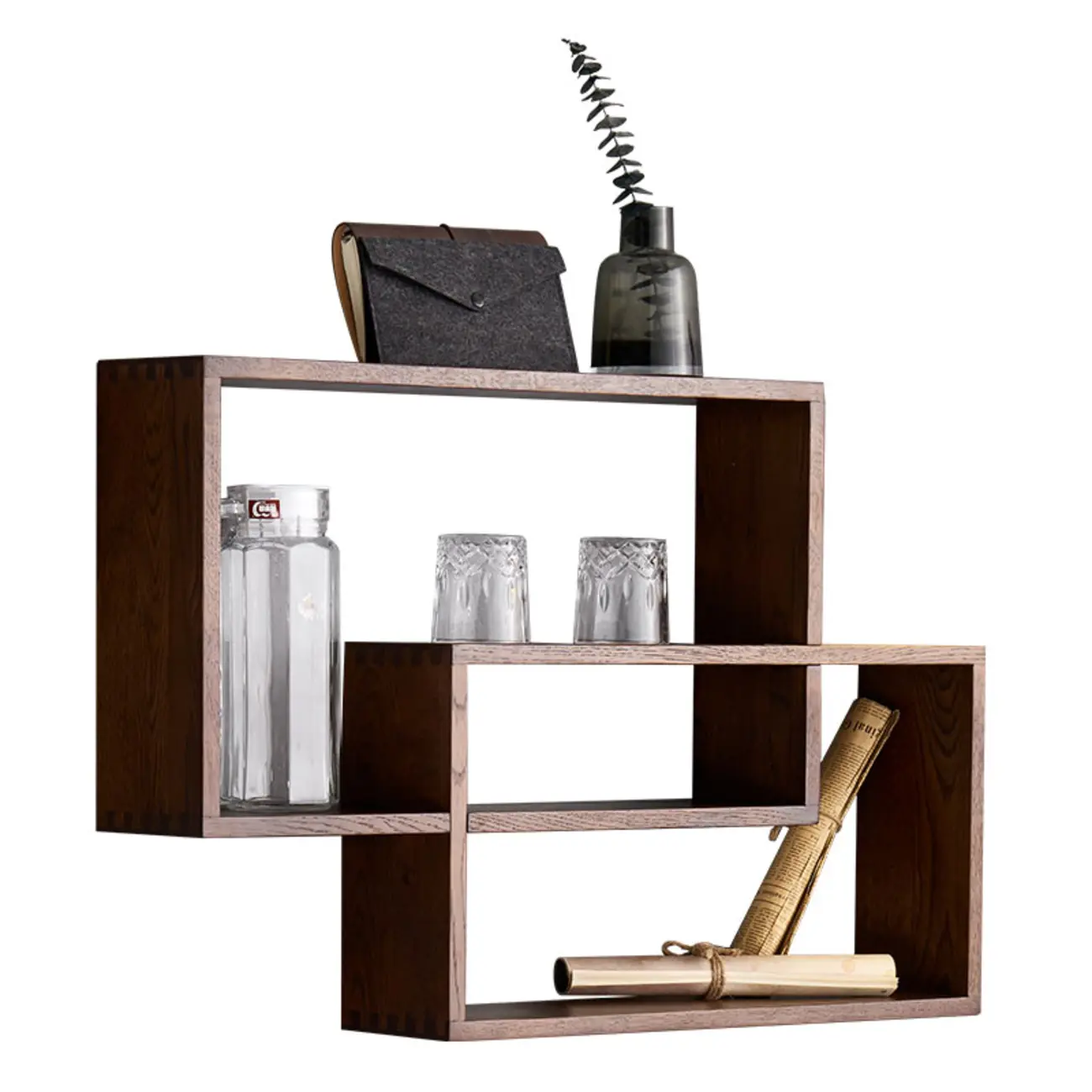 Walnut Modern Wood Floating Mount Wine Rack Display Shelf Image - 5 | homeyfad