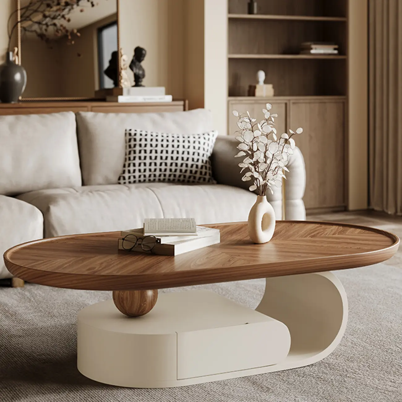 Organic Oval Wood Coffee Table With Drawer Storage Image - 1 | homeyfad