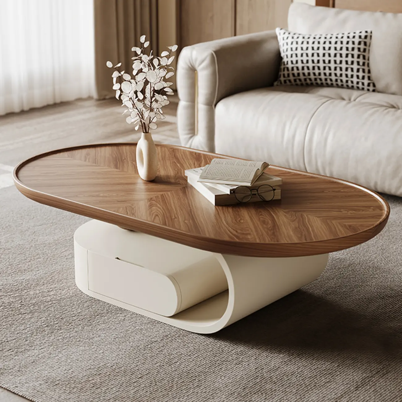Organic Oval Wood Coffee Table With Drawer Storage Image - 4 | homeyfad