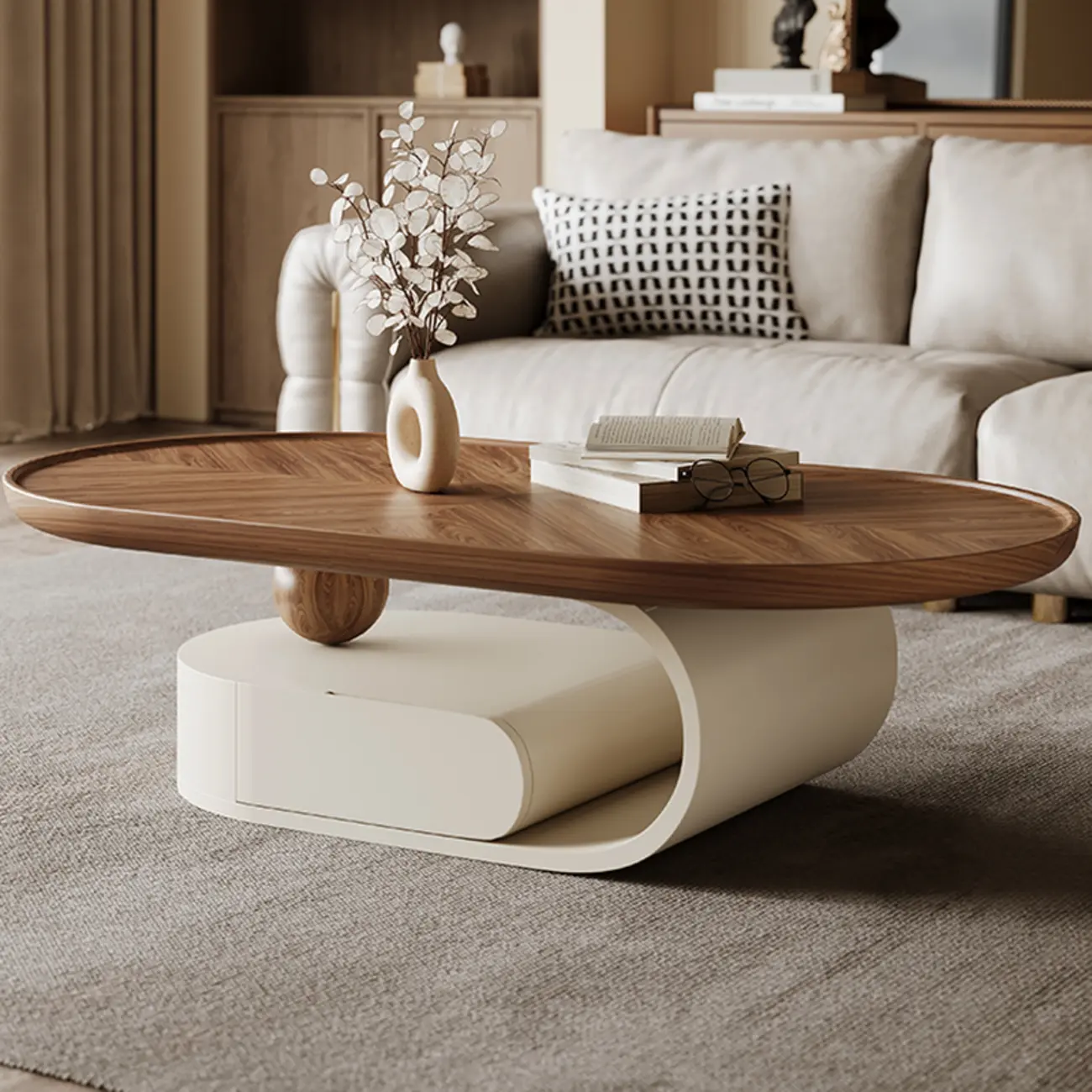 Organic Oval Wood Coffee Table With Drawer Storage Image - 5 | homeyfad