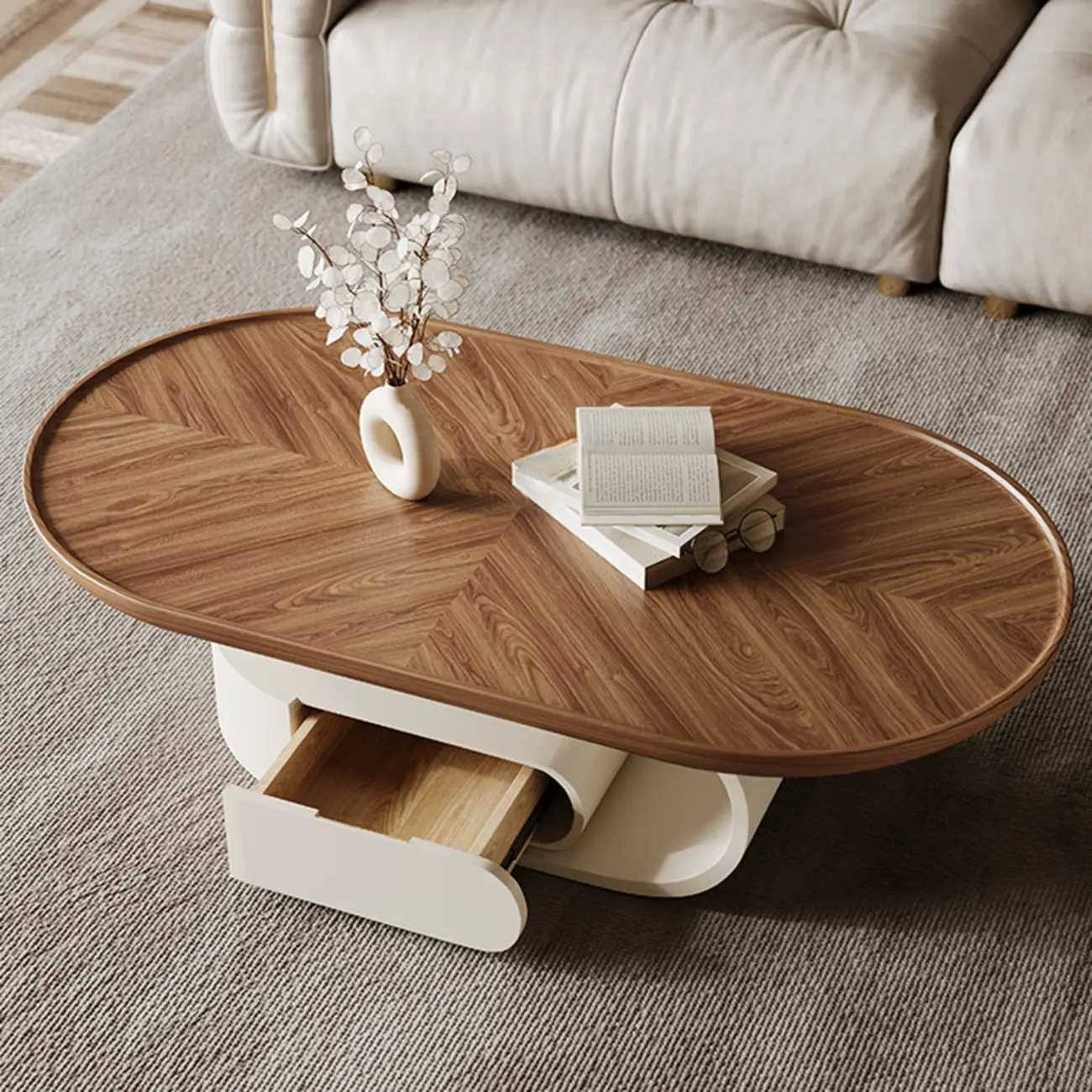 Organic Oval Wood Coffee Table With Drawer Storage Image - 2 | homeyfad
