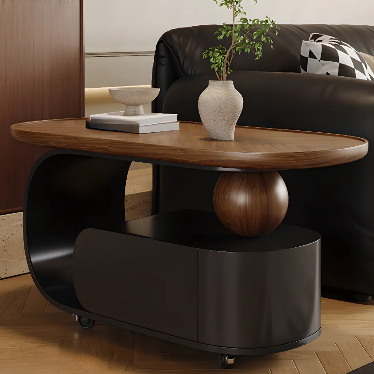 Mid Century Modern 1-drawer Walnut Wood Oval Coffee Table Image - 1 | homeyfad