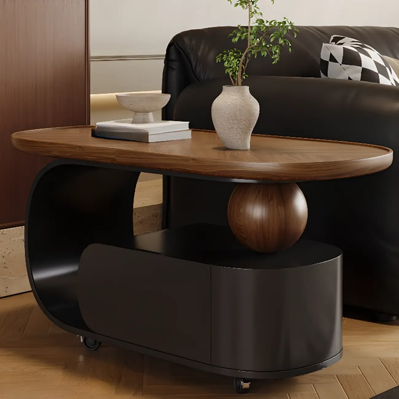 Mid Century Modern 1-drawer Walnut Wood Oval Coffee Table Image - 1