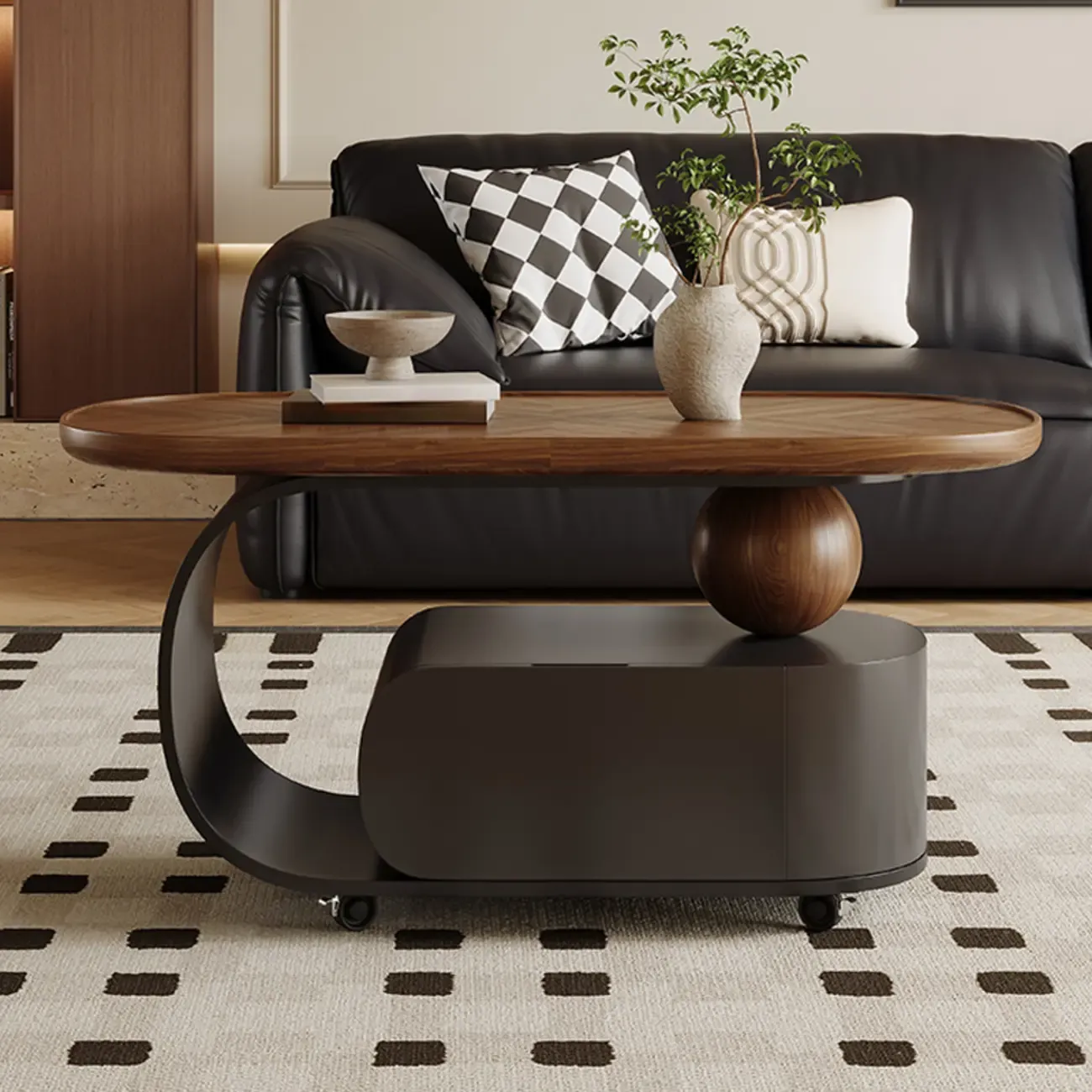 Mid Century Modern 1-drawer Walnut Wood Oval Coffee Table Image - 2