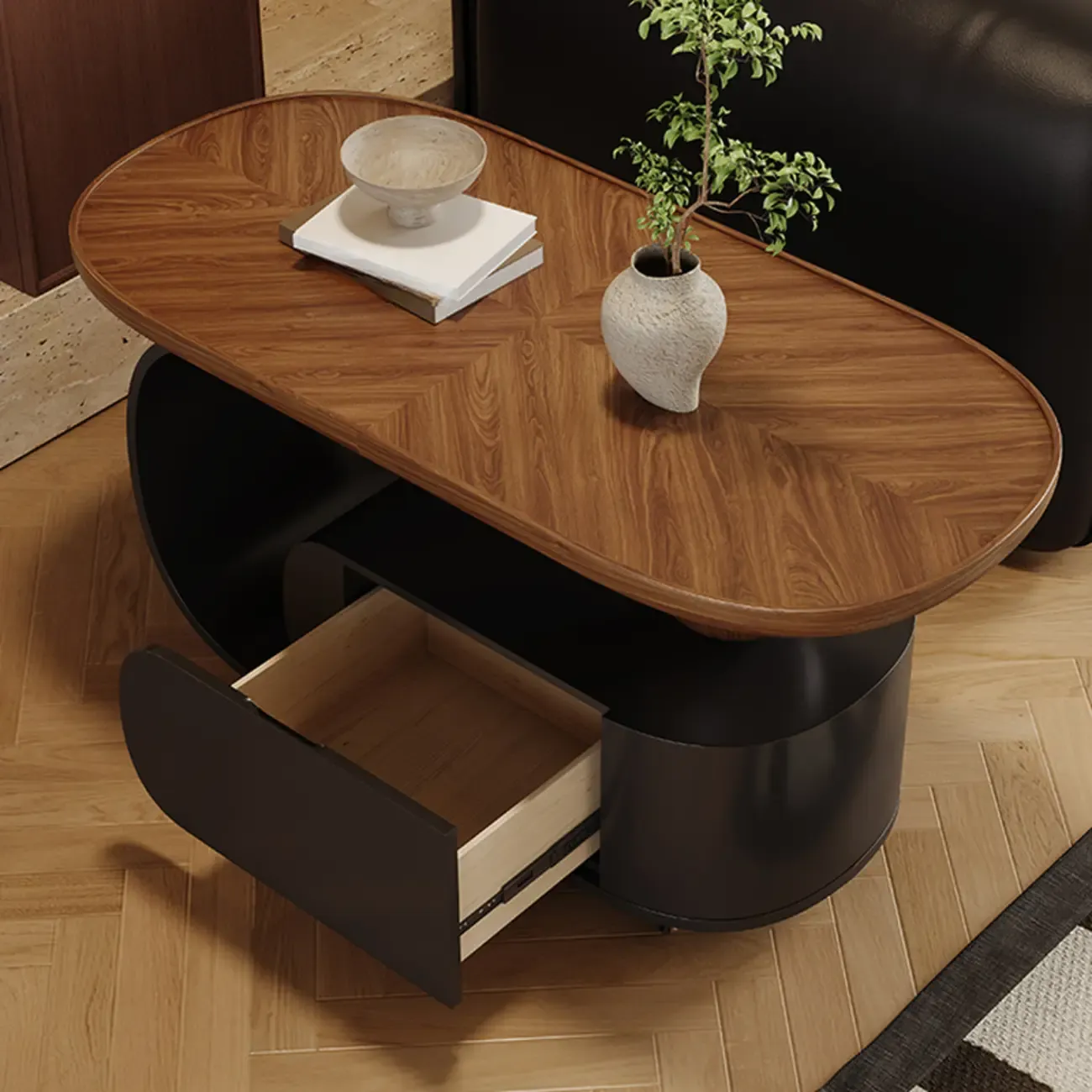 Mid Century Modern 1-drawer Walnut Wood Oval Coffee Table Image - 5