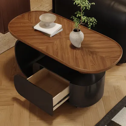 Mid Century Modern 1-drawer Walnut Wood Oval Coffee Table Image - 5