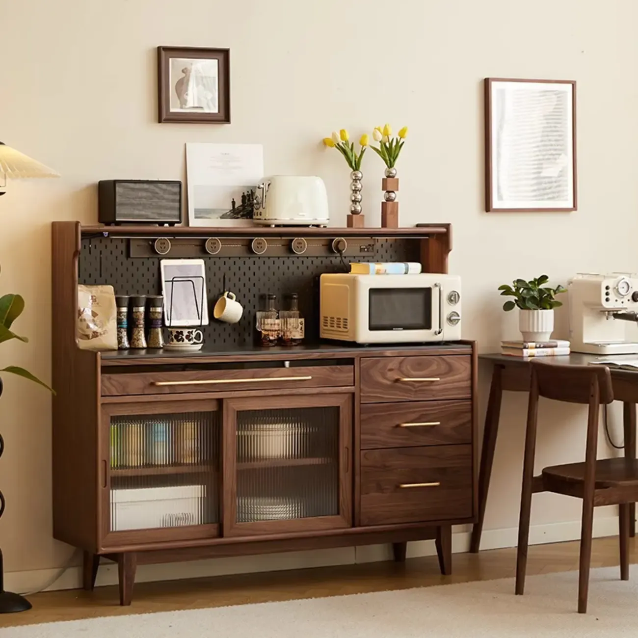 Modern Walnut Stone Countertop Buffet with Cabinets Image - 1