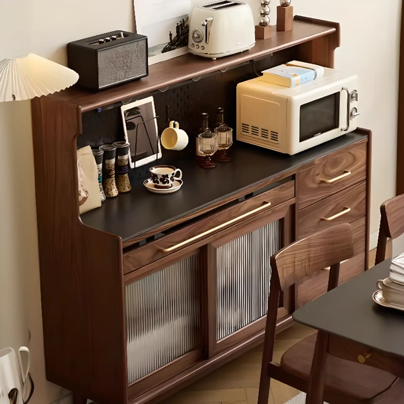 Modern Walnut Stone Countertop Buffet with Cabinets Image - 3 | homeyfad