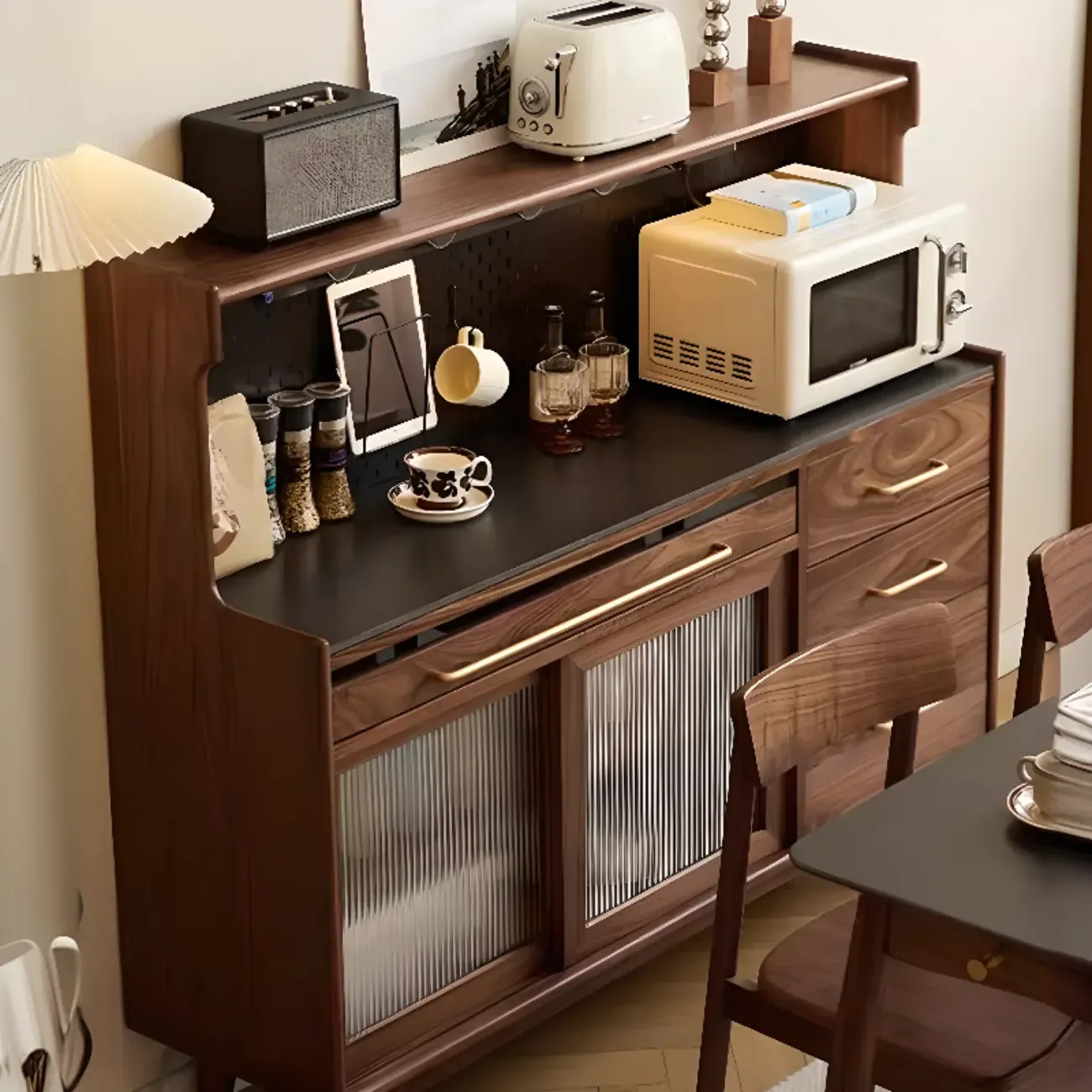 Modern Walnut Stone Countertop Buffet with Cabinets Image - 3