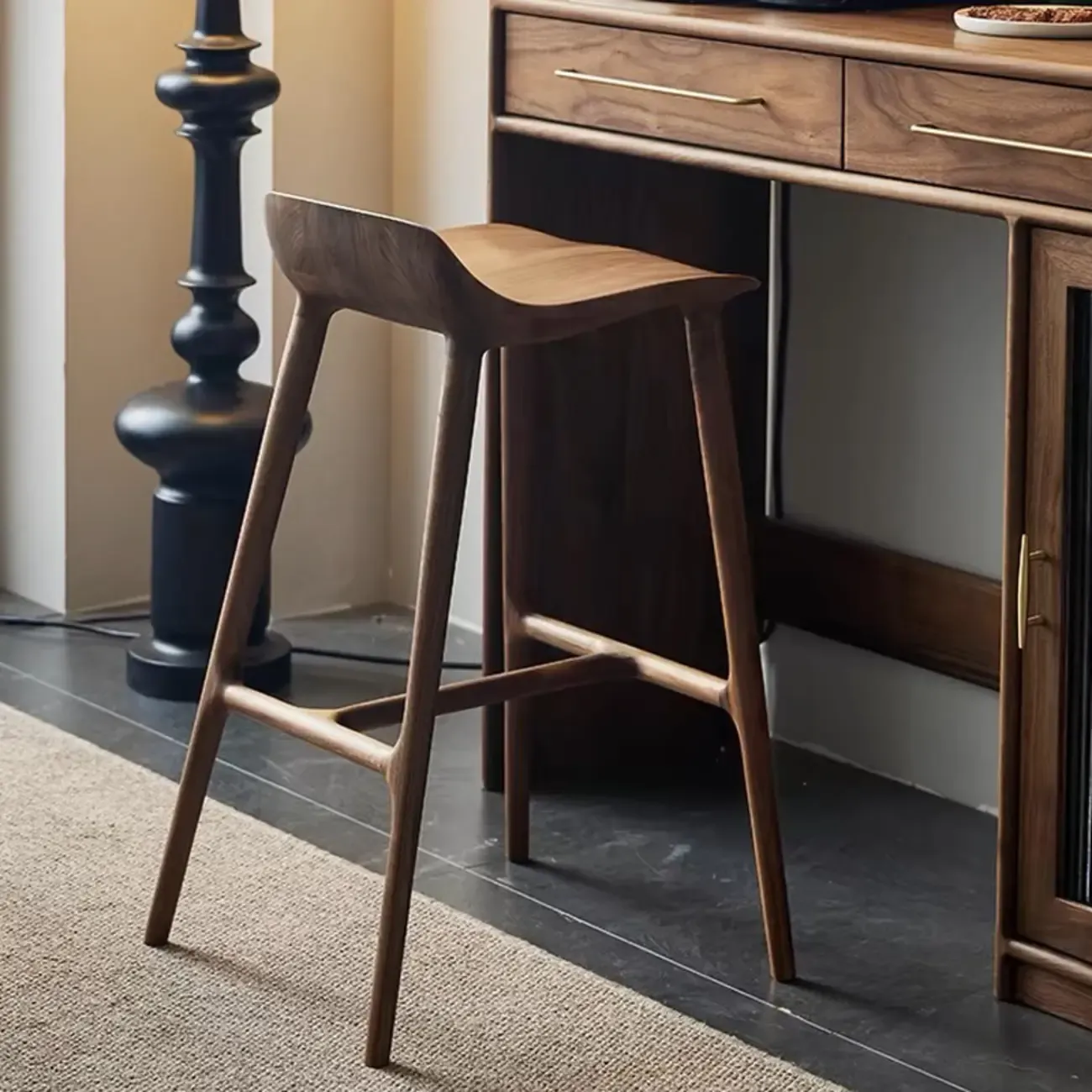 Scandinavian Saddle Brown Solid Wood Armless Bar Stools Image - 3