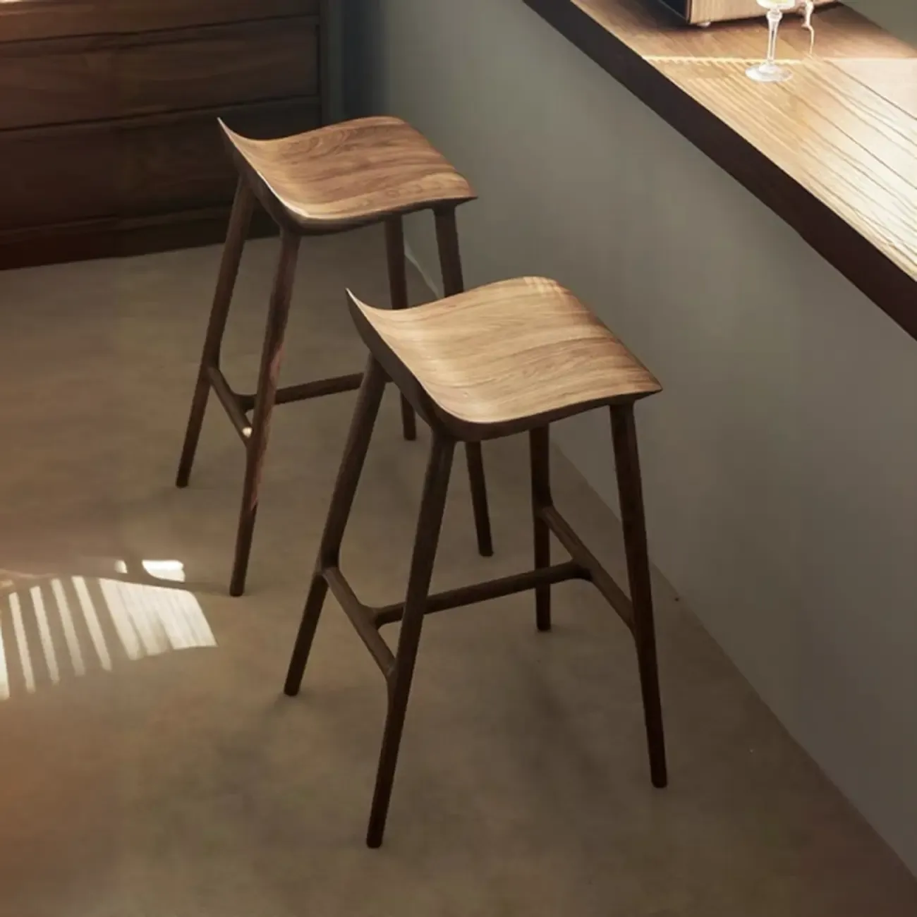 Scandinavian Saddle Brown Solid Wood Armless Bar Stools Image - 2