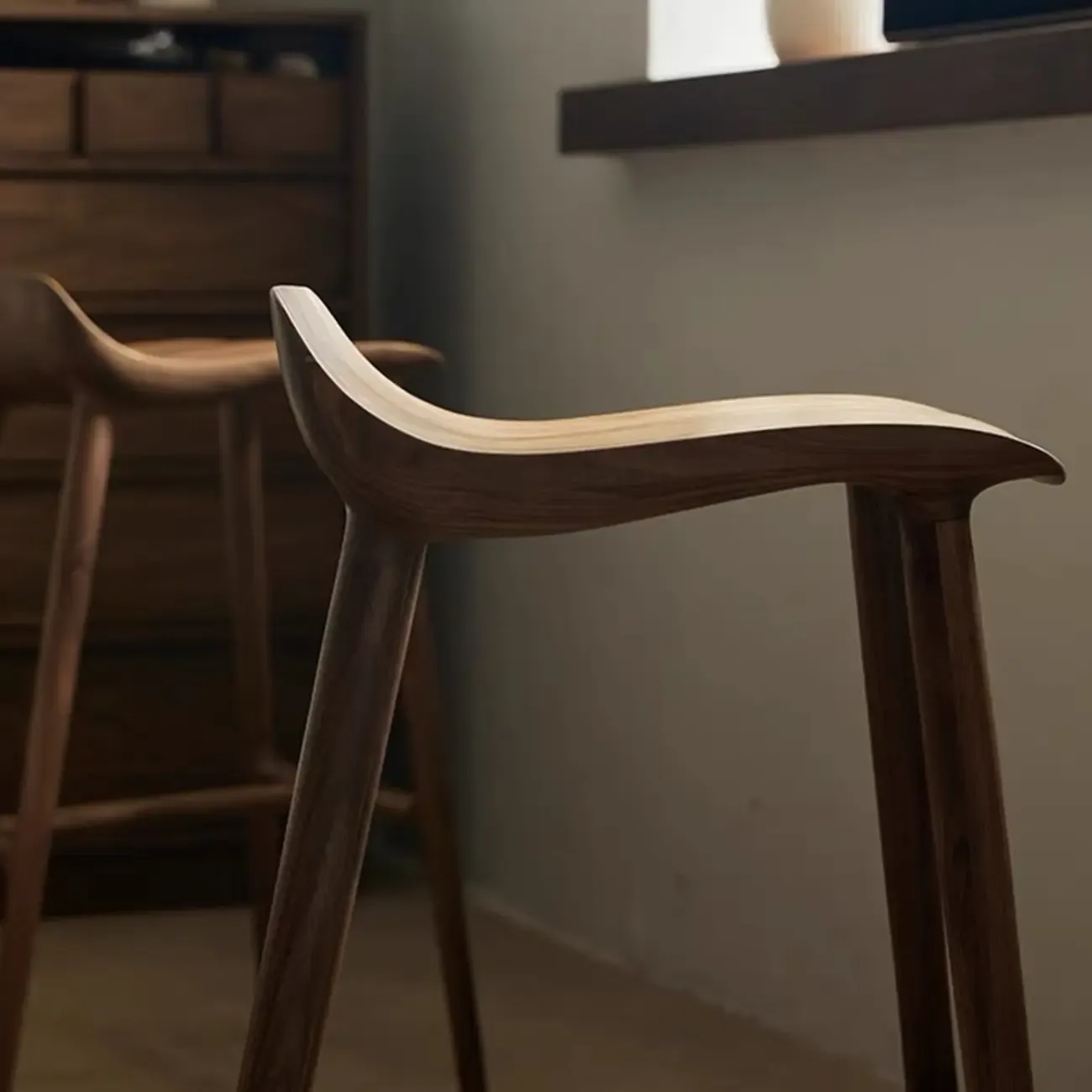 Scandinavian Saddle Brown Solid Wood Armless Bar Stools Image - 5