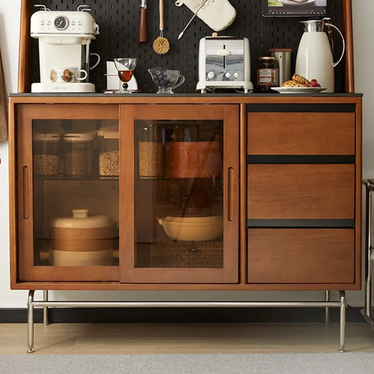 Modern Pine Cherry Wood Sliding Door Buffet Image - 7 | homeyfad